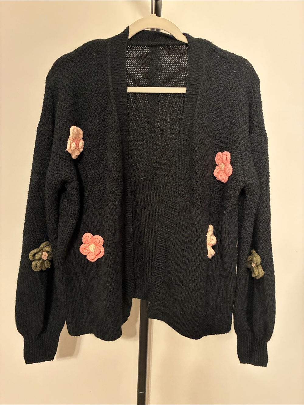 Pink Green Floral Crochet Appliqué Drop Shoulder Black Cardigan Sweater Medium - Picture 4 of 11